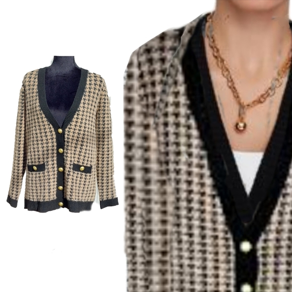 Tahari Sweaters - Tahari Womens Brown & Tan Houndstooth Eyelash Cozy Stretch Cardigan Sz S